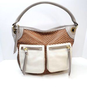Fossil Top Handle Handbag Gray Cow Hide Leather Brown Mesh Large Shoulder Bag